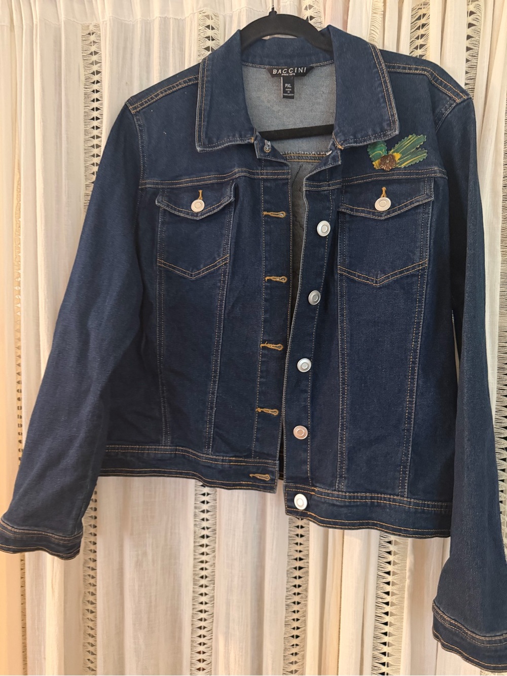 Baccini Navy Denim Jacket with Green & Gold Embroidery